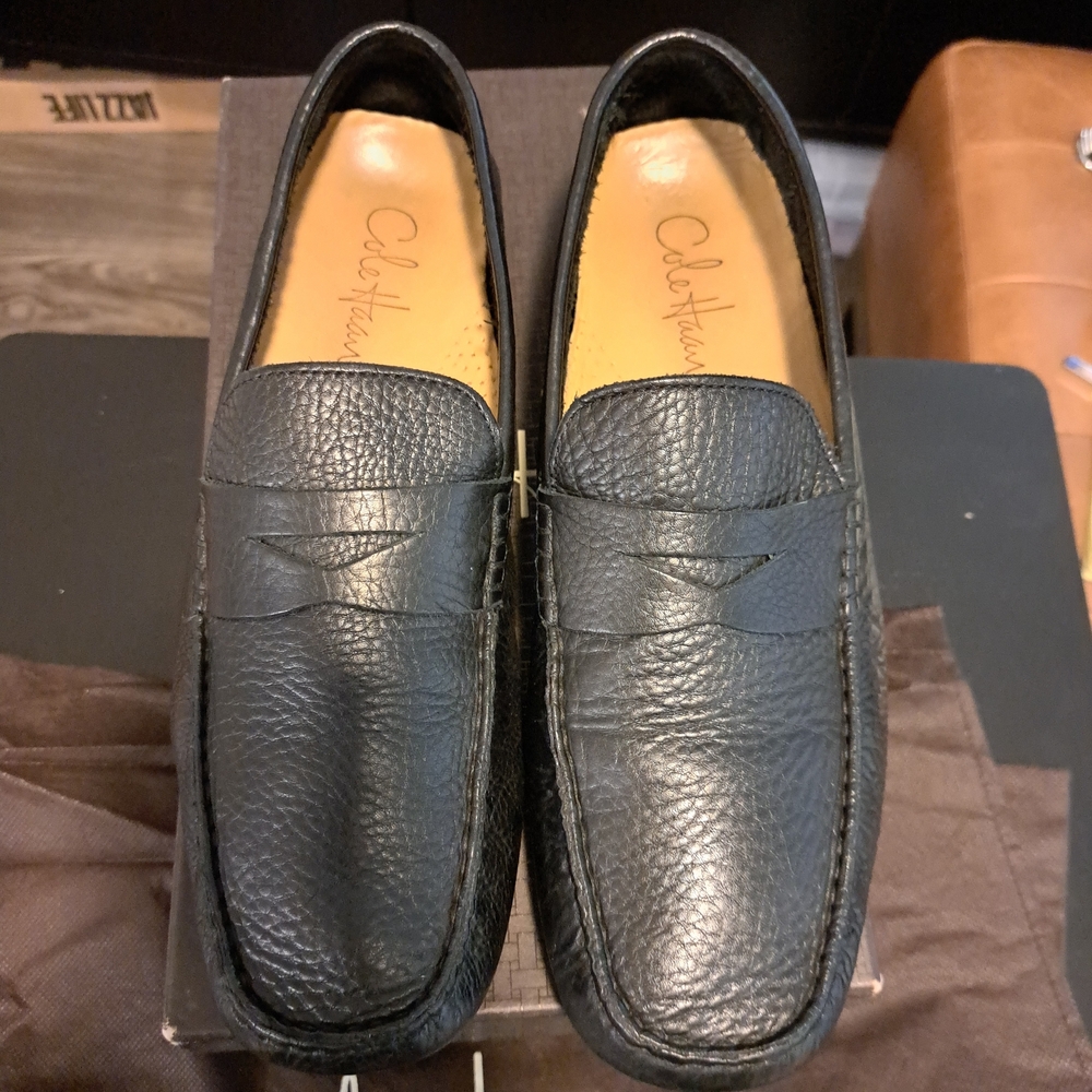 Cole Haan Black Pebbled Leather Penny Loafers